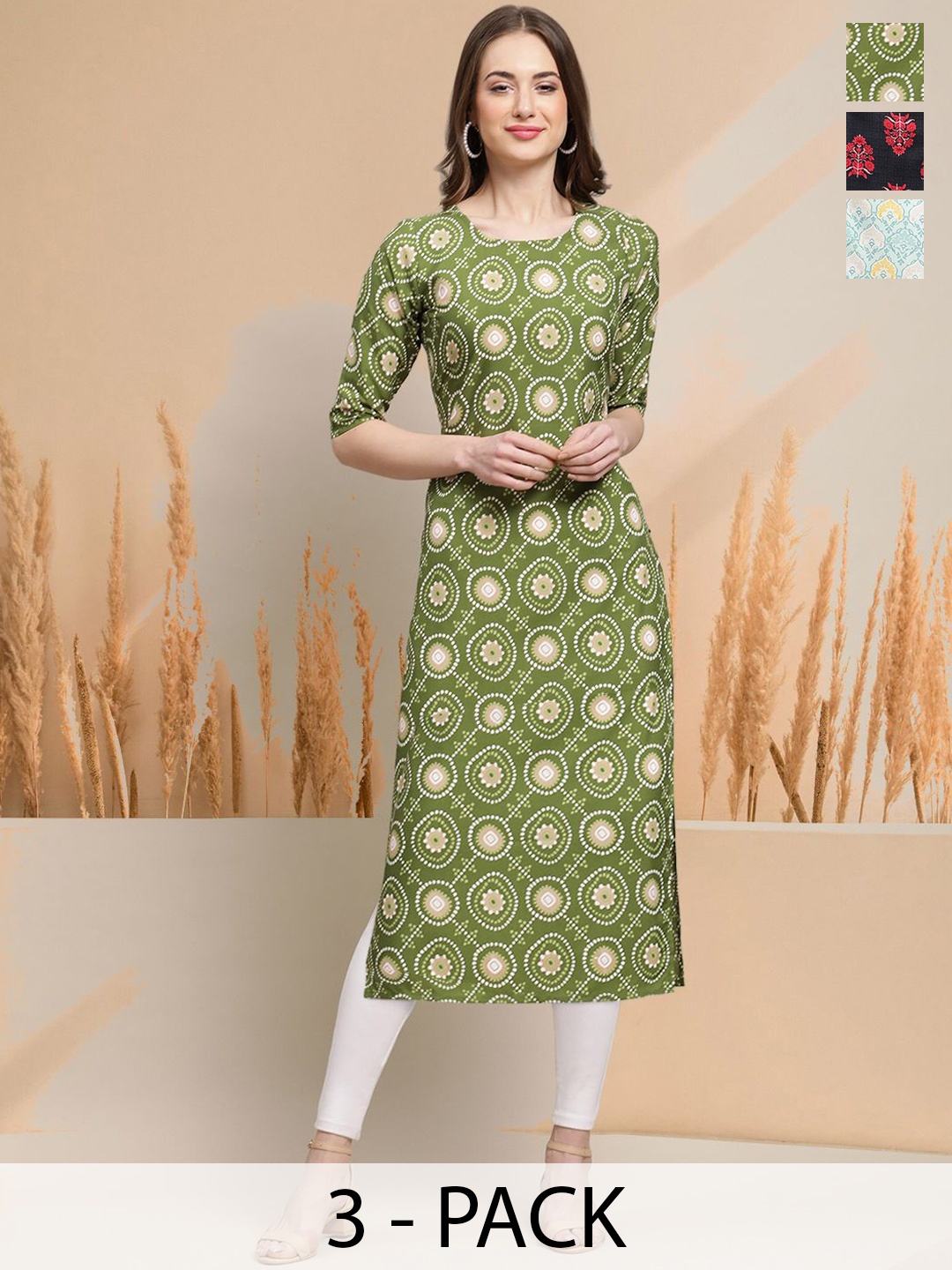 

7Threads Selection of 3 Geometric Printed Round Neck Straight Kurtas, Green