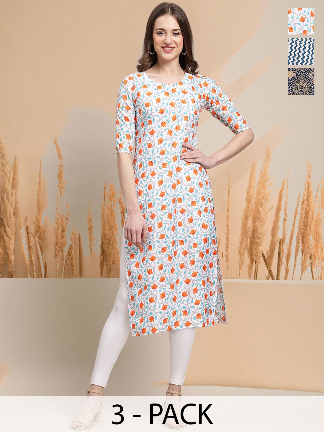 

7Threads Selection Of 3 Floral Printed Round Neck Straight Kurtas, White