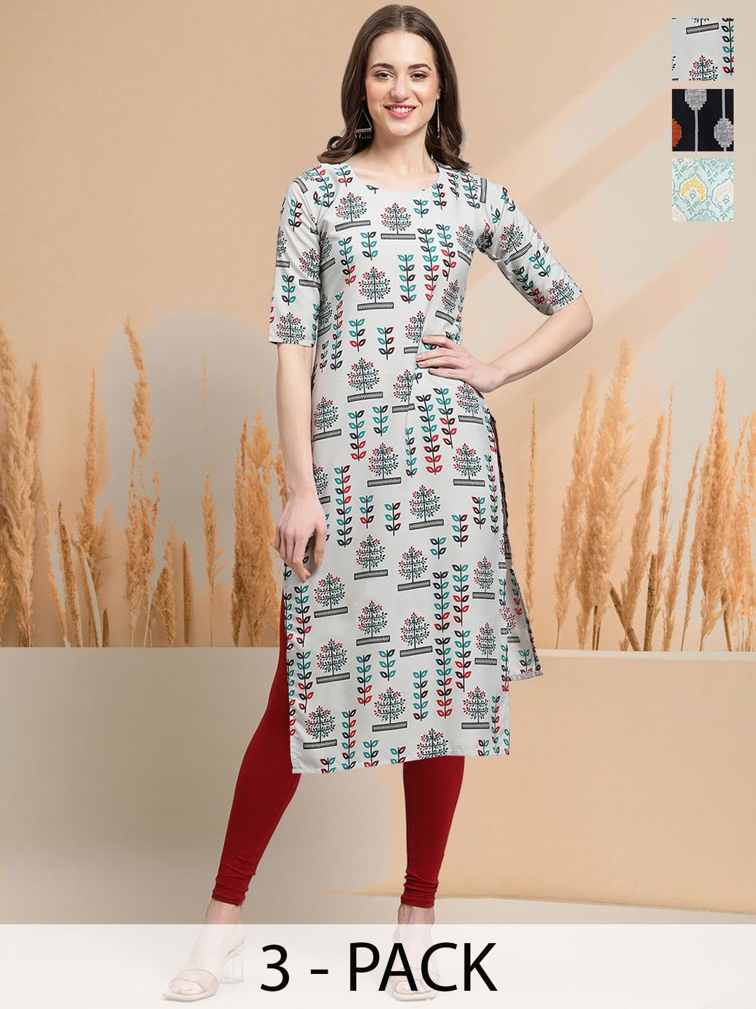

7Threads Selection Of 3 Floral Printed Round Neck Straight Kurtas, Grey