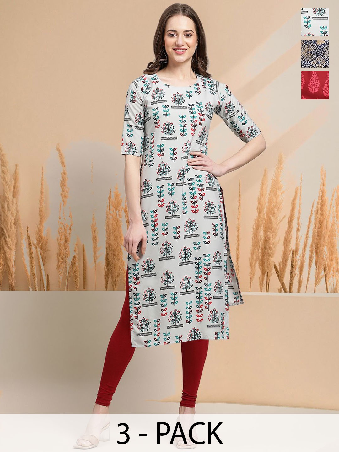 

7Threads Selection Of 3 Floral Printed Round Neck Straight Kurtas, Grey