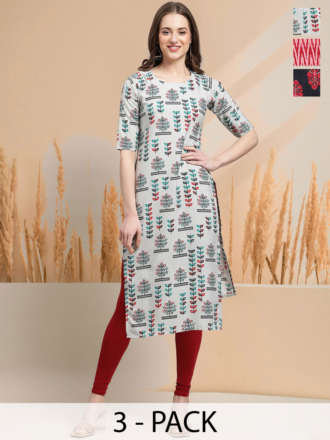 

7Threads Selection Of 3 Floral Printed Round Neck Straight Kurtas, Black