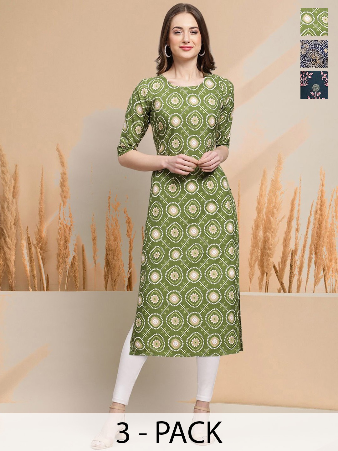 

7Threads Selection Of 3 Ethnic Motifs Printed Round Neck Straight Kurtas, Green