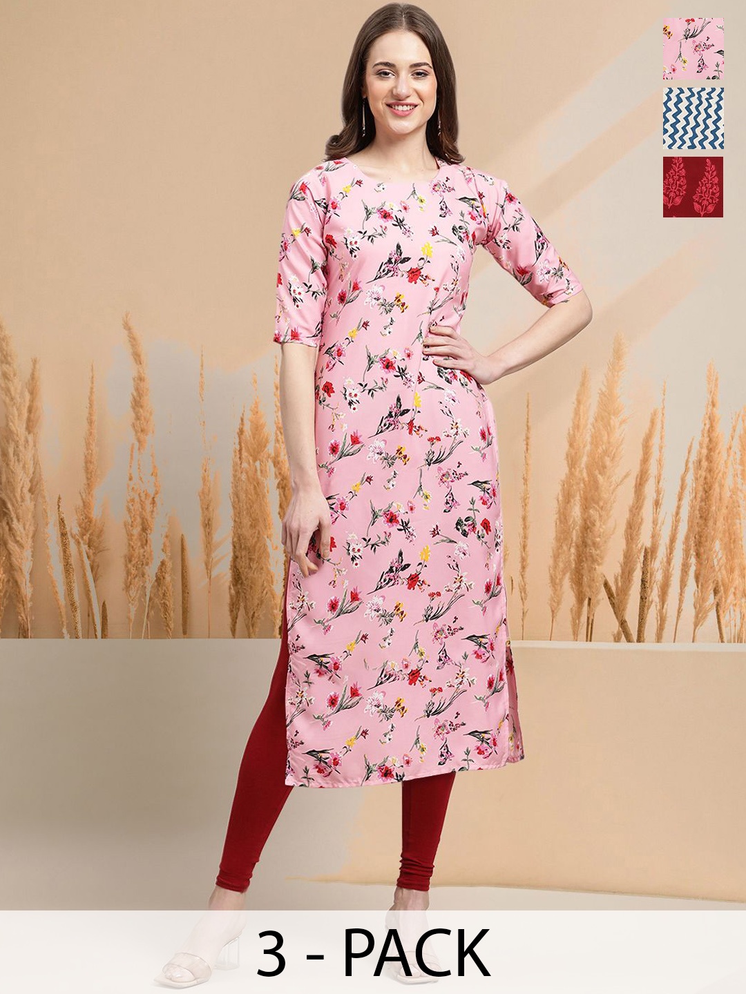 

7Threads Selection Of 3 Floral Printed Round Neck Straight Kurtas, Pink