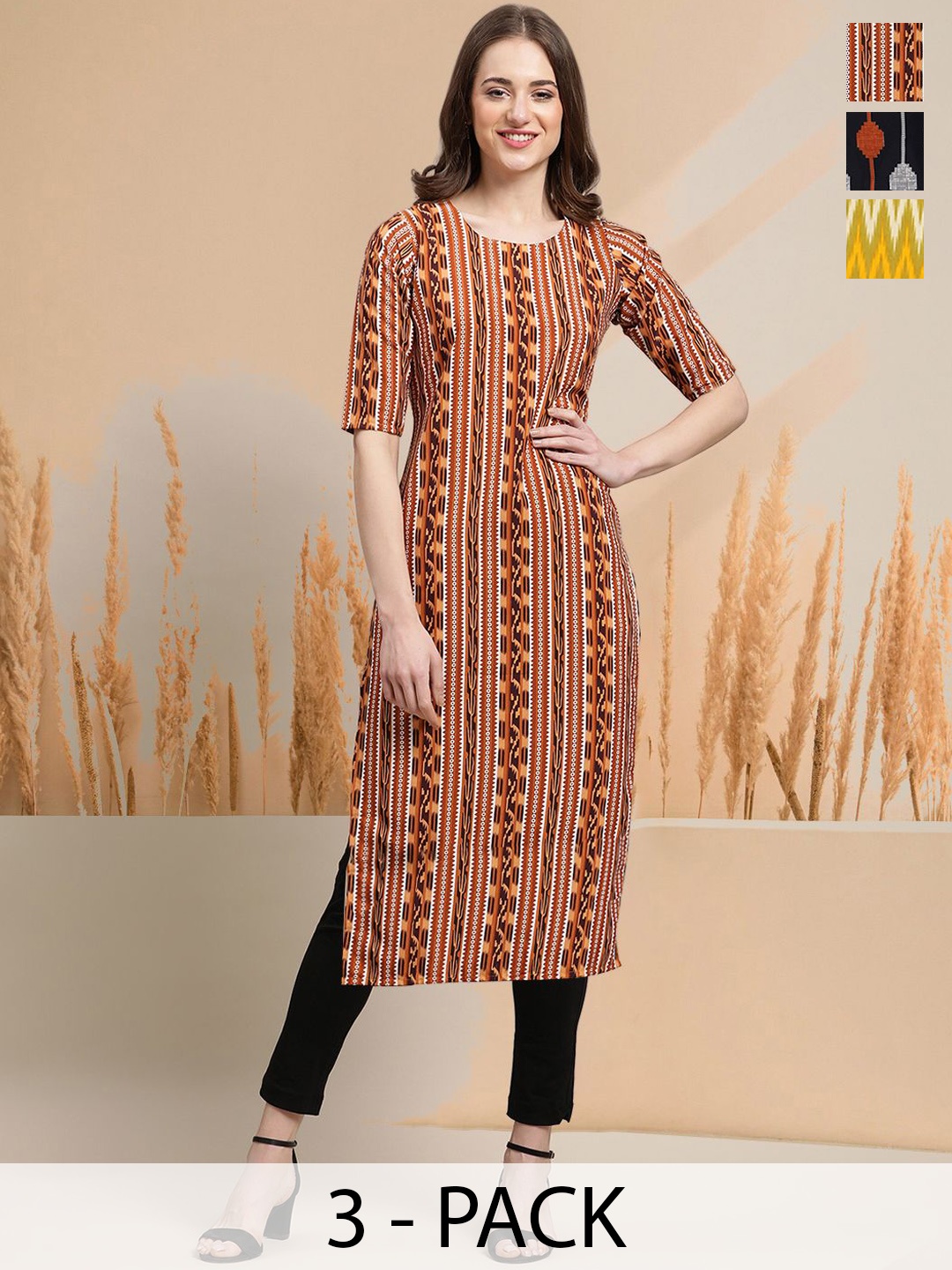 

7Threads Selection Of 3 Etnic Motifs Printed Round Neck Straight Kurtas, Rust