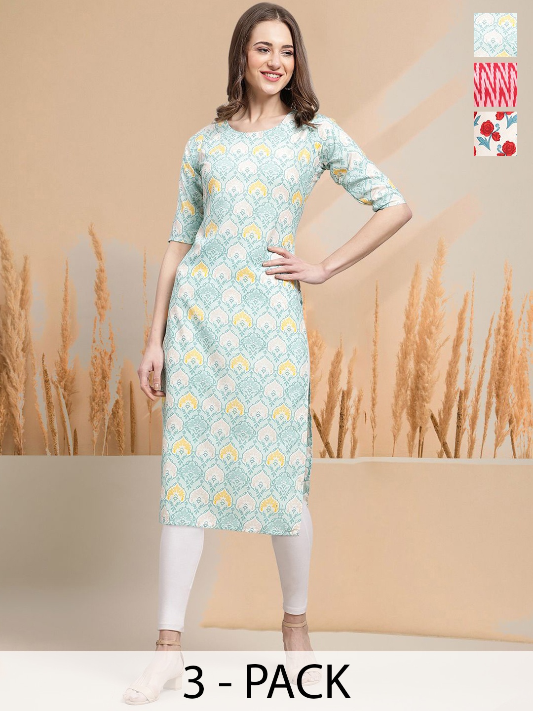

7Threads Selection Of 3 Ethnic Motifs Printed Round Neck Straight Kurtas, White