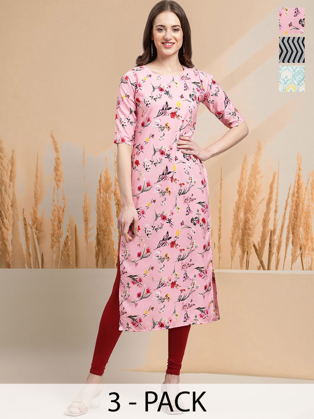 

7Threads Selection Of 3 Floral Printed Round Neck Straight Kurtas, Pink