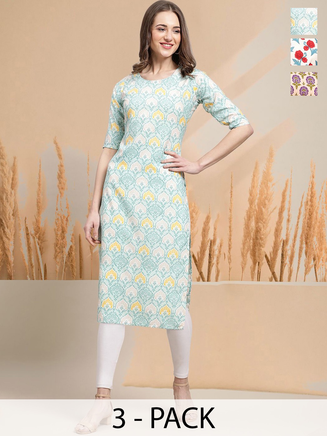 

7Threads Selection Of 3 Ethnic Motifs Printed Round Neck Straight Kurtas, Blue