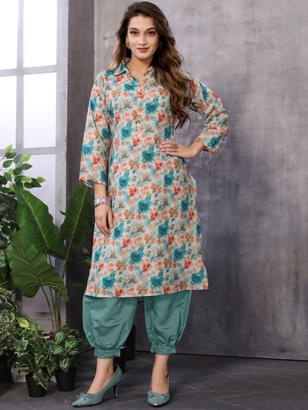 

ANVERI TEXTILE Floral Printed Shirt Collar Cotton A-Line Kurta, White