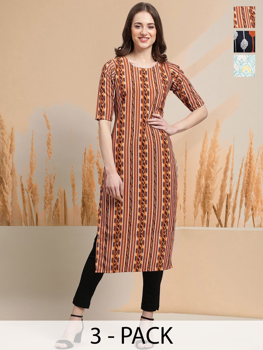 

7Threads Selection of 3 Geometric Printed Round Neck Straight Kurtas, Brown