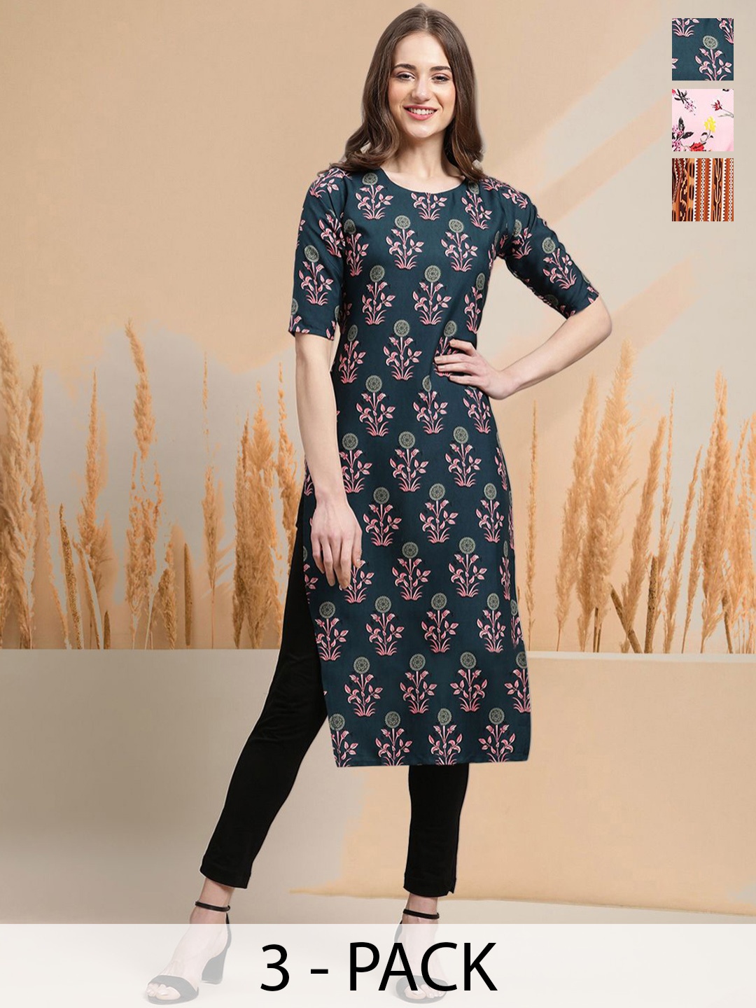 

7Threads Selection Of 3 Floral Printed Round Neck Straight Kurtas, Green