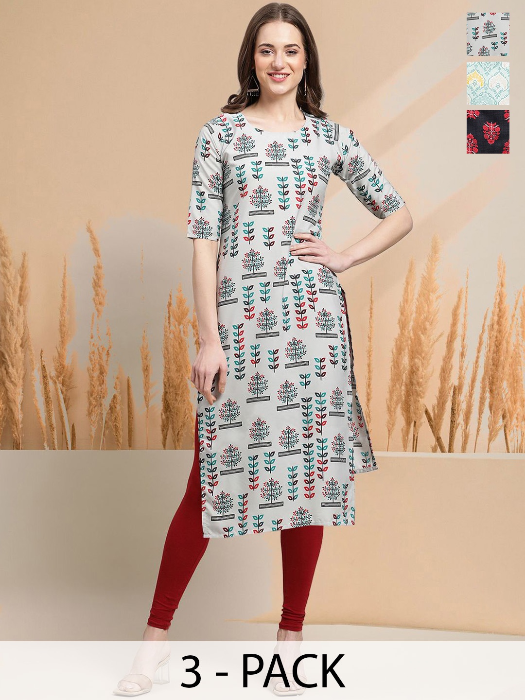 

7Threads Selection of 3 Floral Printed Round Neck Straight Kurtas, White