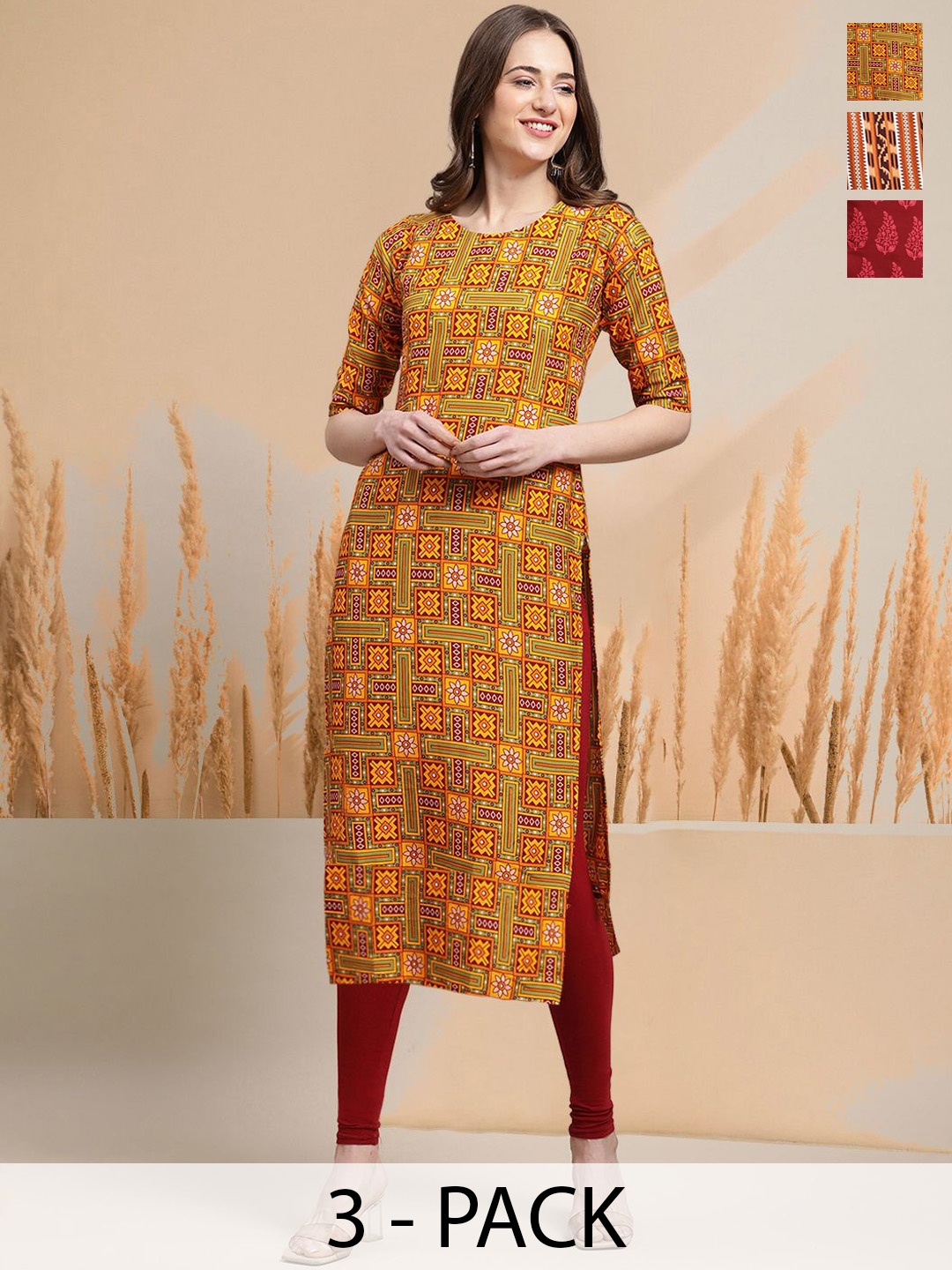 

7Threads Selection of 3 Ethnic Motifs Printed Round Neck Straight Kurtas, Yellow