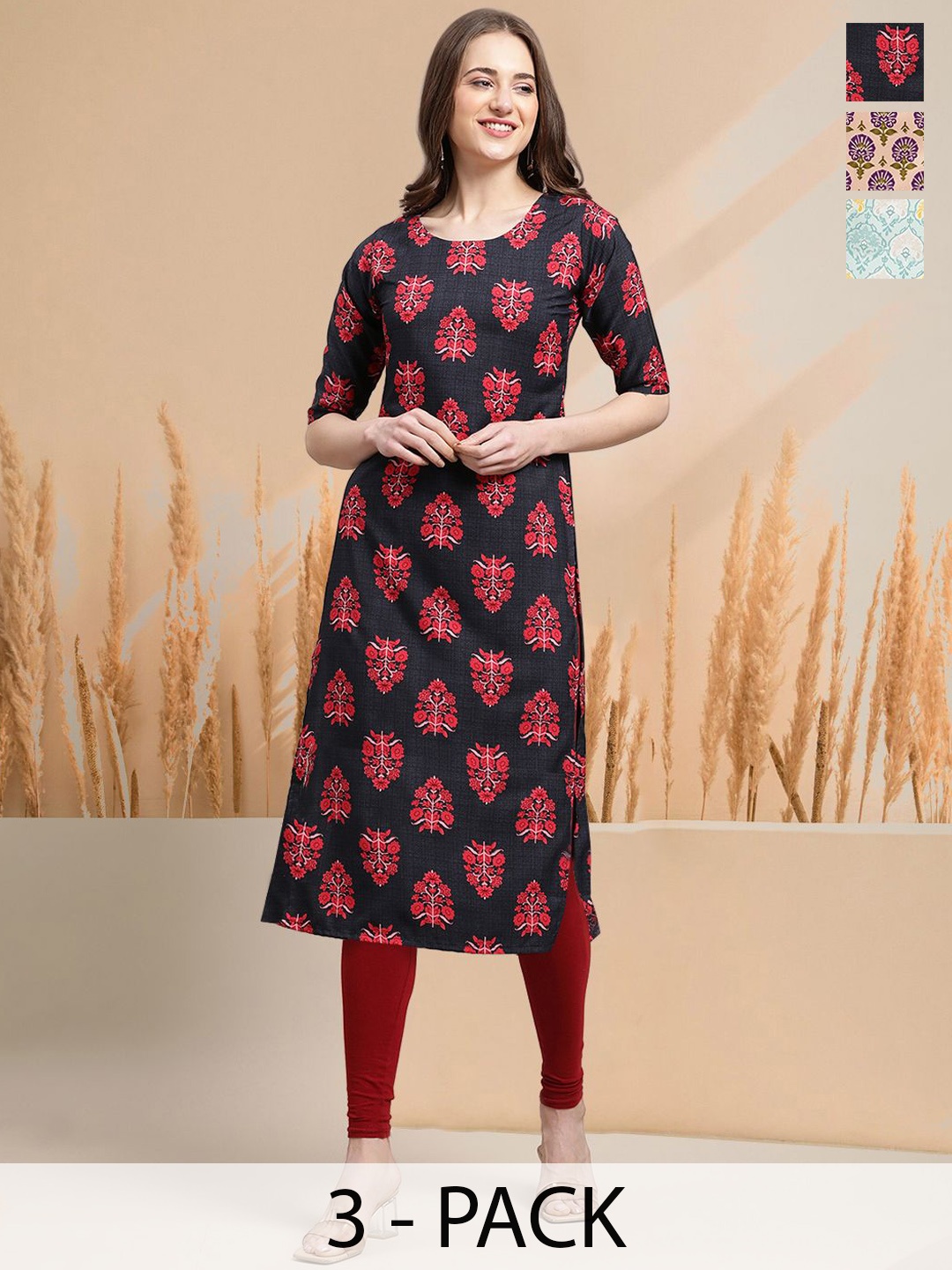 

7Threads Selection of 3 Ethnic Motifs Printed Round Neck Straight Kurtas, Black