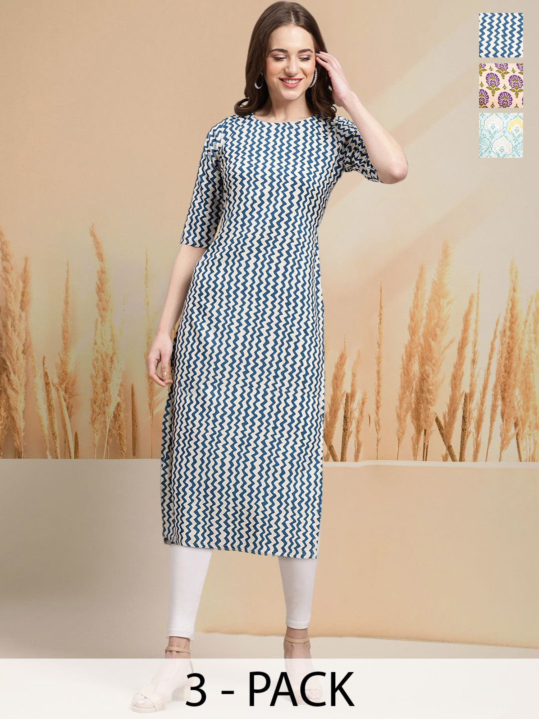 

7Threads Selection Of 3 Chevron Printed Round Neck Straight Kurtas, White