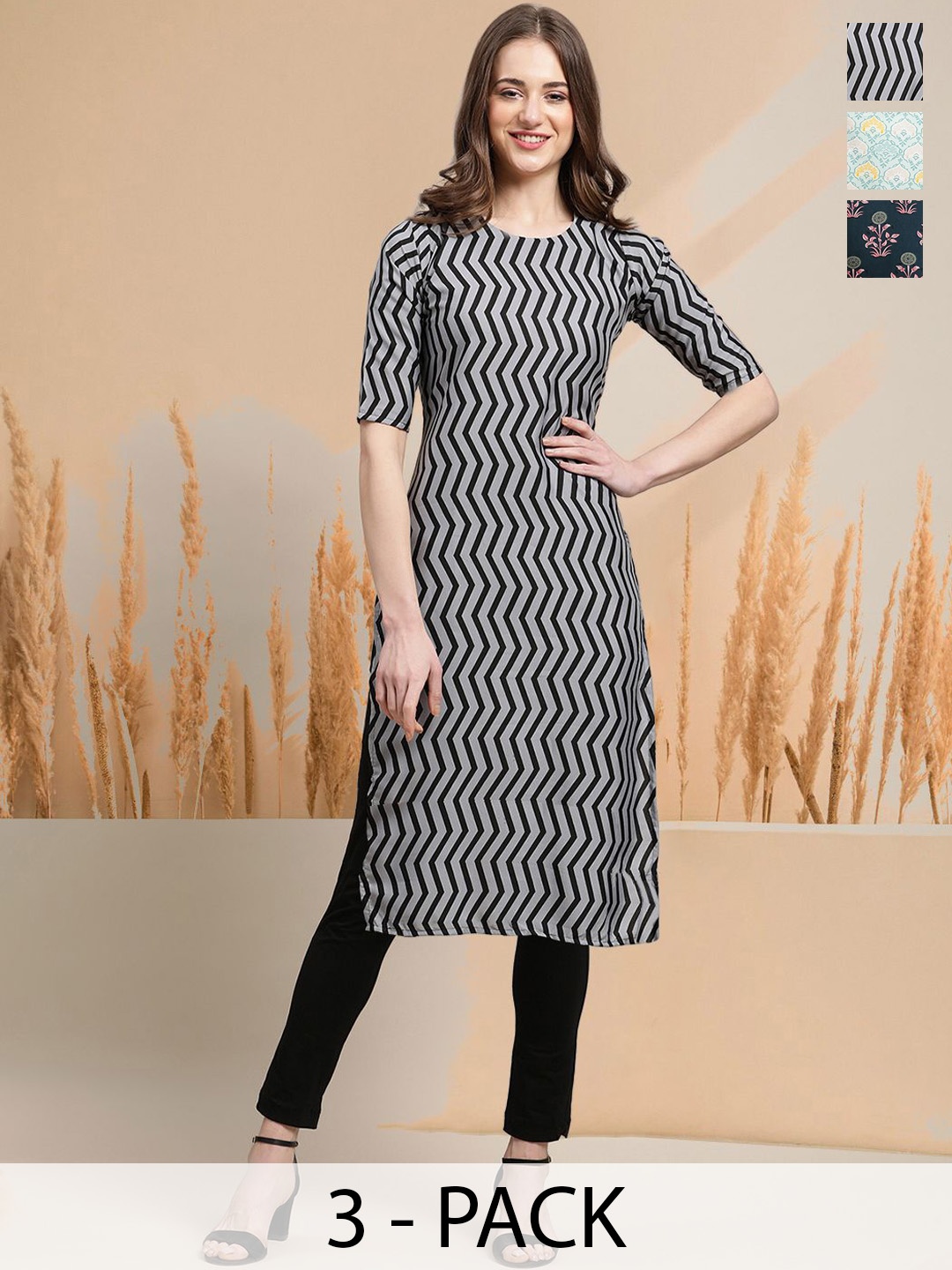 

7Threads Selection Of 3 Chevron Printed Round Neck Straight Kurtas, Black