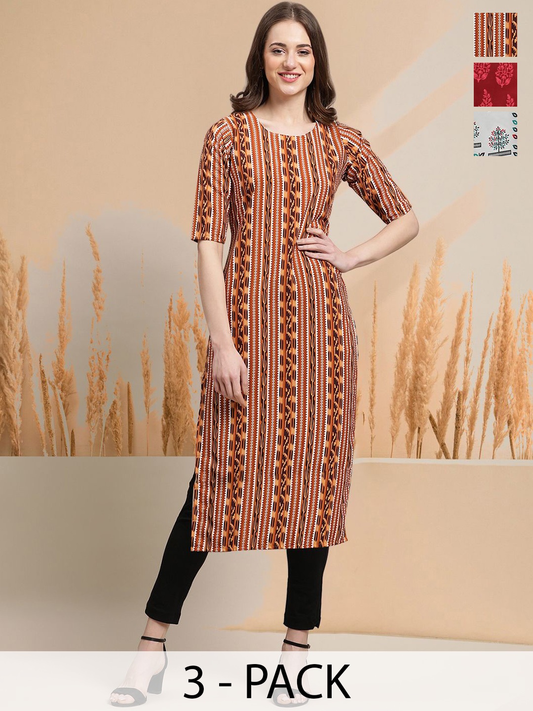 

7Threads Selection of 3 Geometric Printed Round Neck Straight Kurtas, Rust