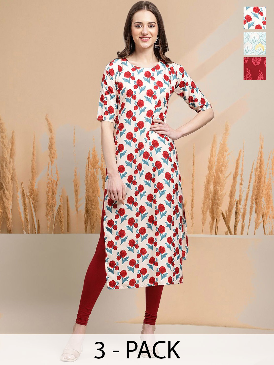 

7Threads Selection of 3 Floral Printed Round Neck Straight Kurtas, Off white