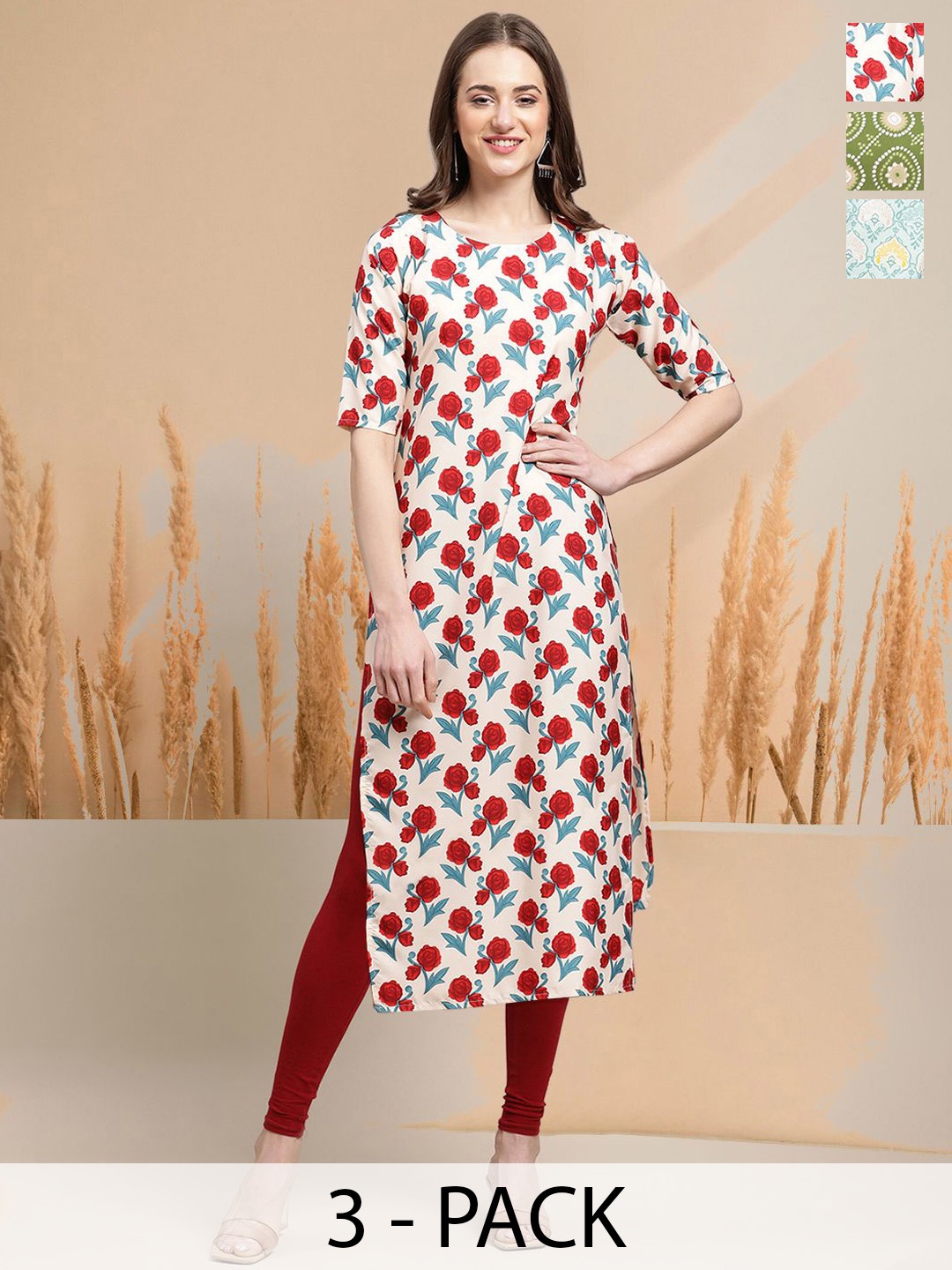 

7Threads Selection Of 3 Ethnic Motifs Printed Neck Straight Kurtas, Red