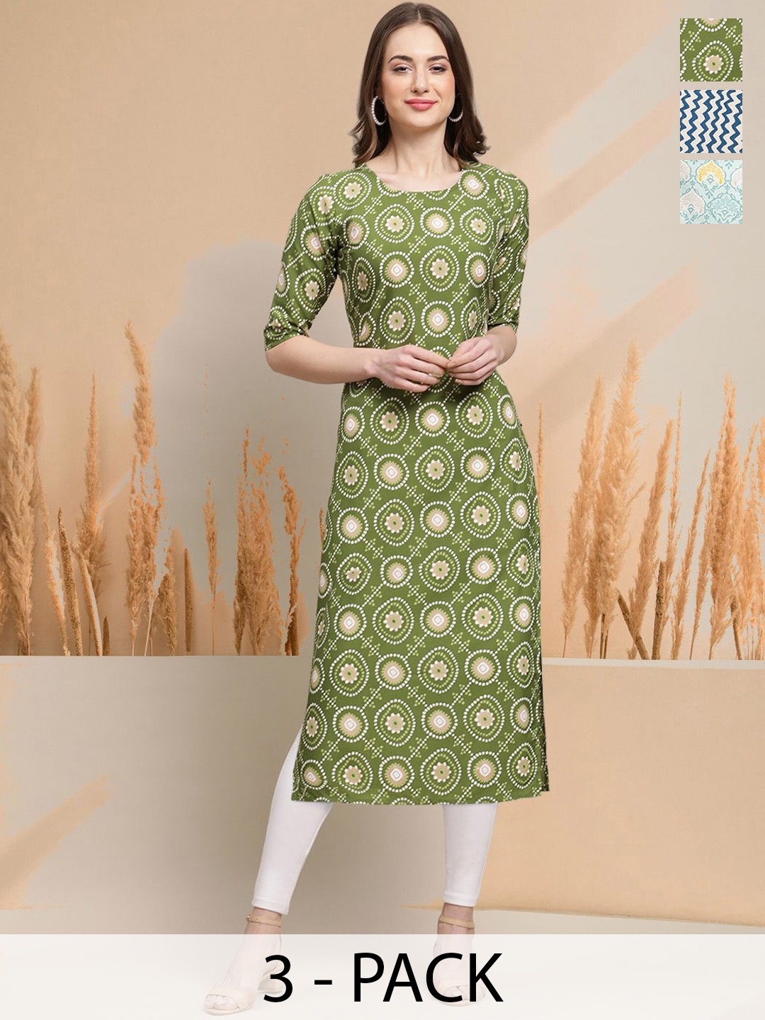 

7Threads Selection Of 3 Ethnic Motifs Printed Round Neck Straight Kurtas, Green
