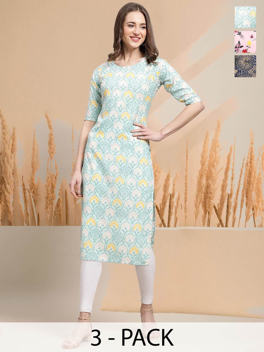 

7Threads Selection Of 3 Floral Printed Round Neck Straight Kurtas, Blue