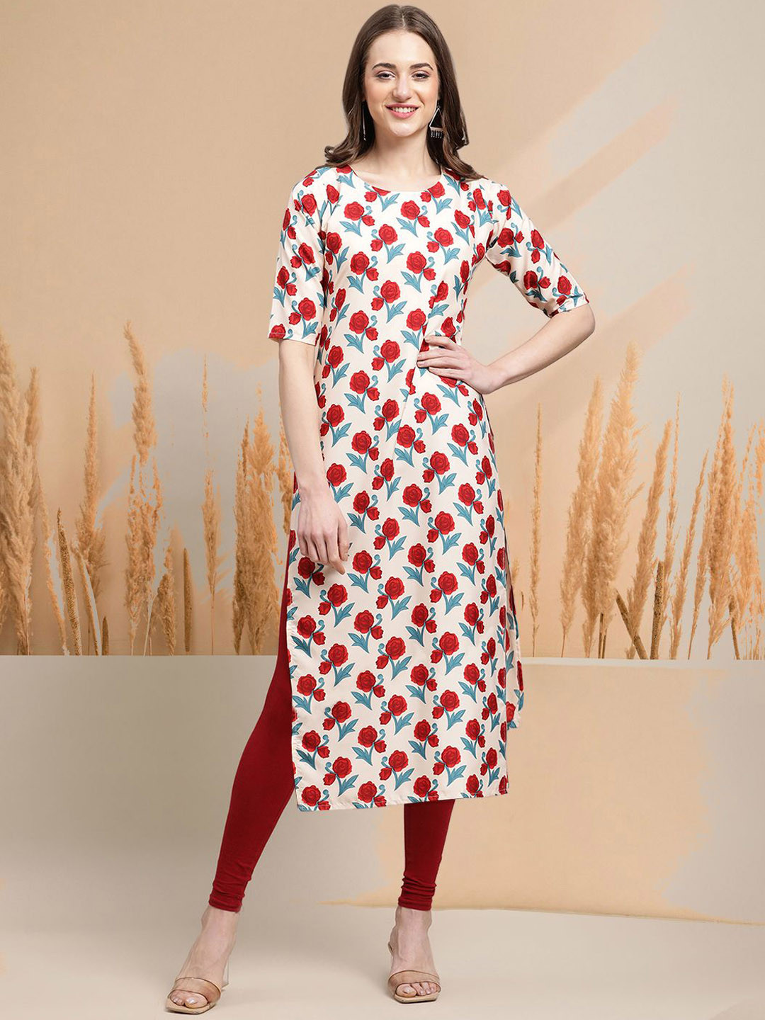 

7Threads Selection of 3 Floral Printed Round Neck Straight Kurtas, White