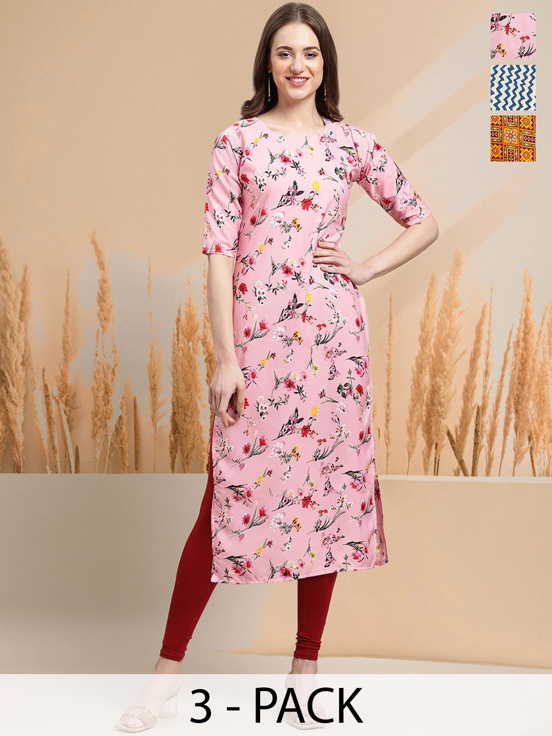 

7Threads Selection Of 3 Floral Printed Round Neck Straight Kurtas, Pink