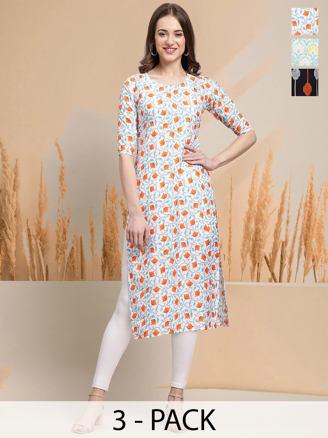 7Threads Selection Of 3 Floral Printed Round Neck Straight Kurtas, White