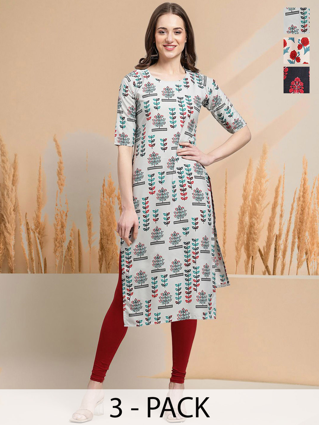

7Threads Selection of 3 Floral Printed Round Neck Straight Kurtas, White