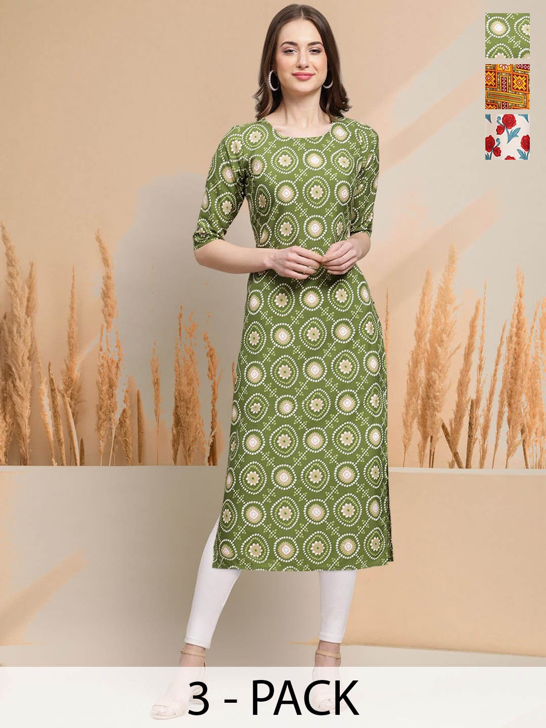 

7Threads Selection Of 3 Floral Printed Round Neck Straight Kurtas, Green