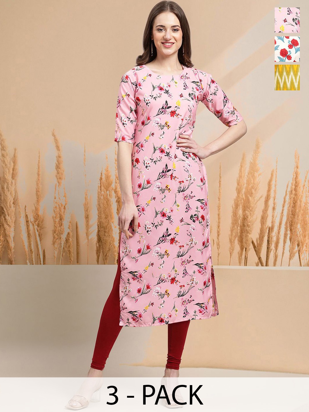 

7Threads Selection Of 3 Floral Printed Round Neck Straight Kurtas, Pink