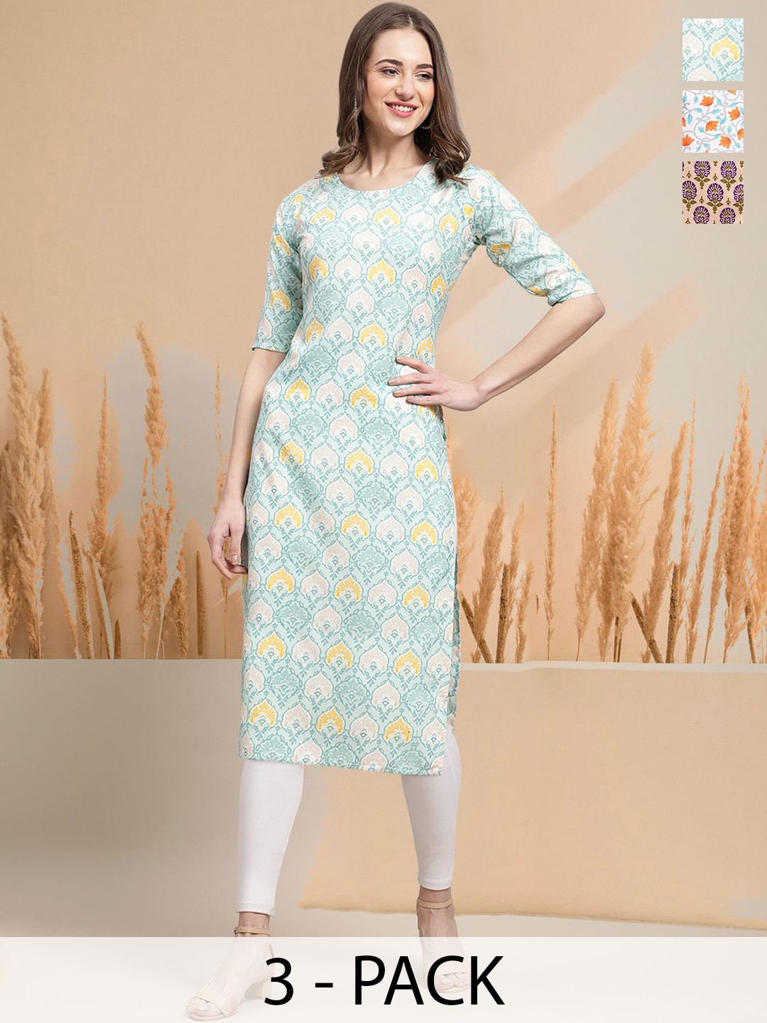 

7Threads Selection Of 3 Ethnic Motifs Printed Round Neck Straight Kurtas, Blue