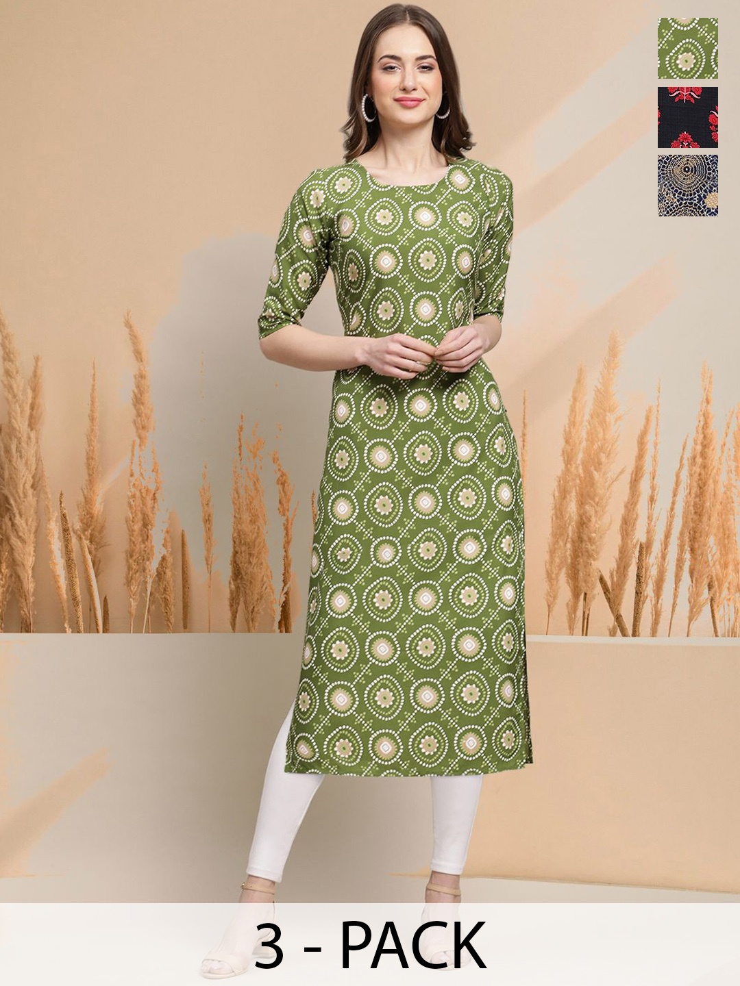 

7Threads Selection Of 3 Ethnic Motifs Printed Round Neck Straight Kurtas, Olive