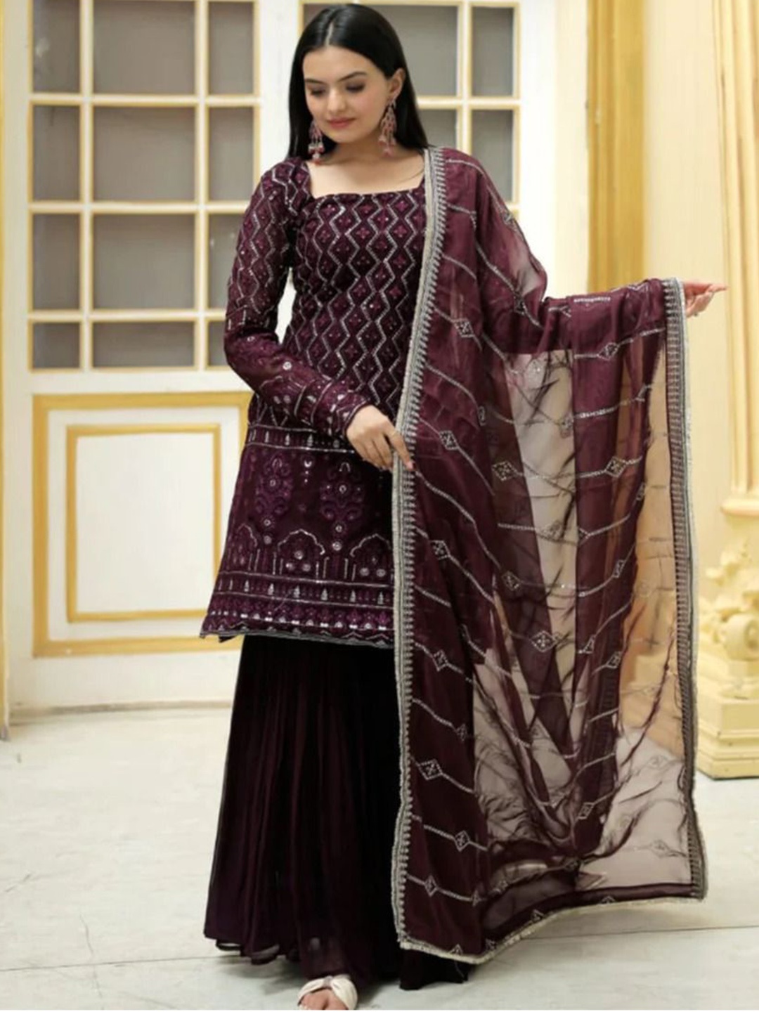 

Wedani Ethnic Motifs Embroidered Square Neck Georgette Kurti With Sharara And Dupatta, Purple