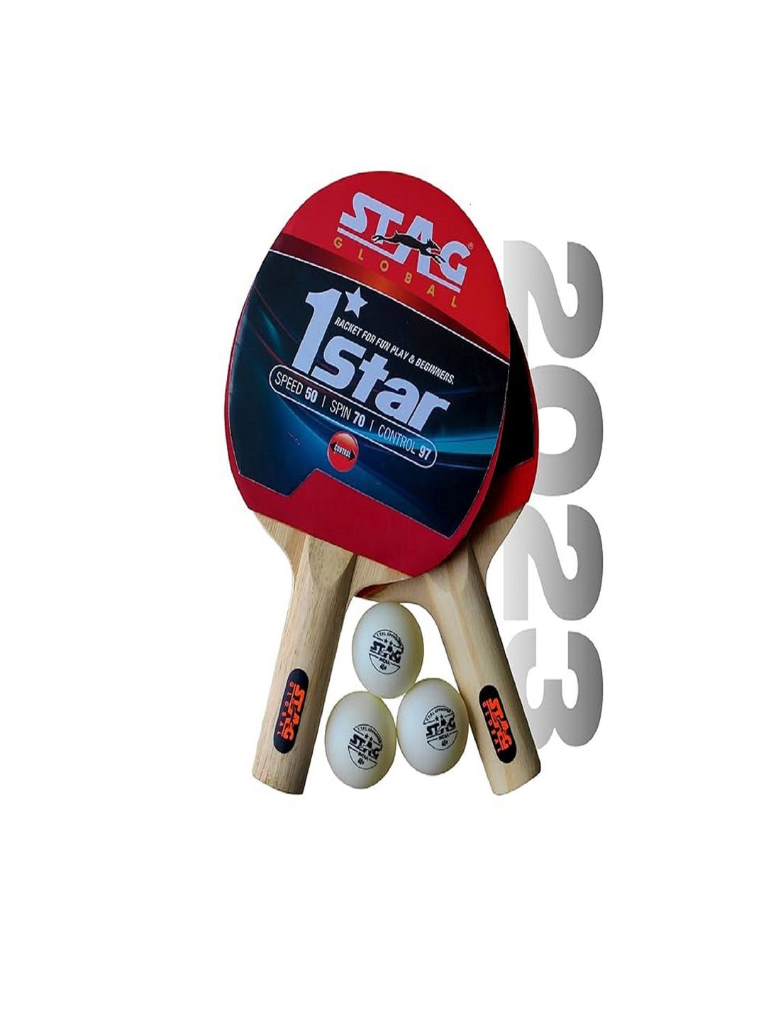 

STAG GLOBAL Wooden Table Tennis Racquets & 3 Pc Table Tennis Balls, Red