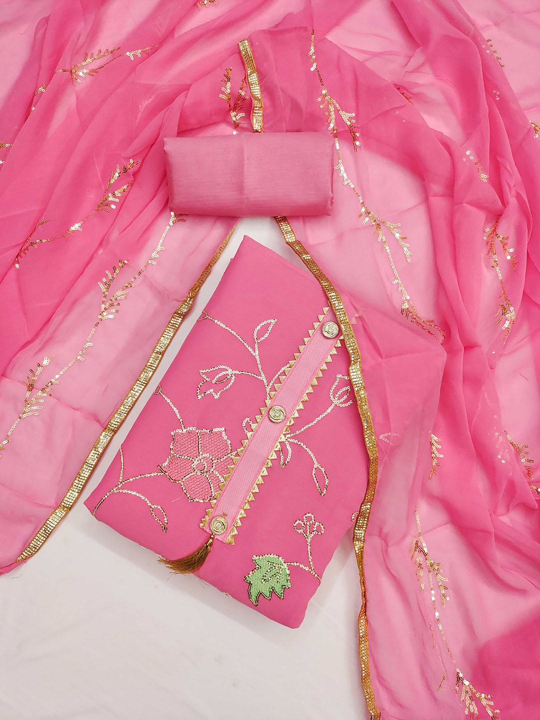 

Panzora Floral Embroidered Sequinned Georgette Unstitched Dress Material, Pink