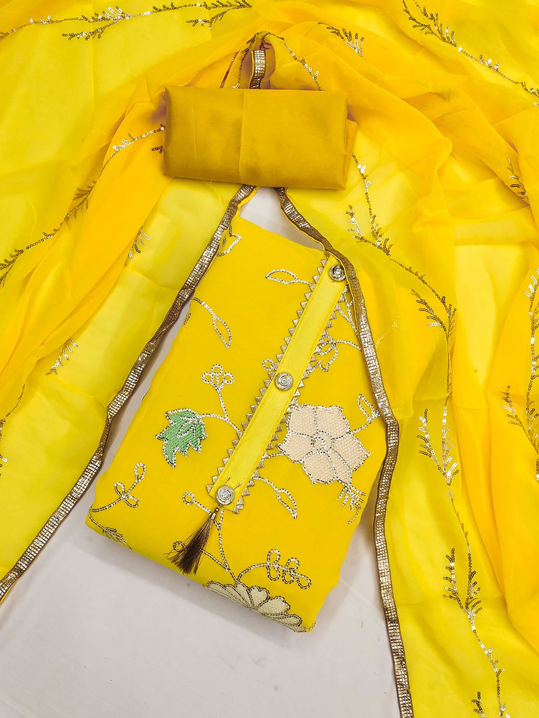 

Panzora Floral Embroidered Sequinned Georgette Unstitched Dress Material, Yellow