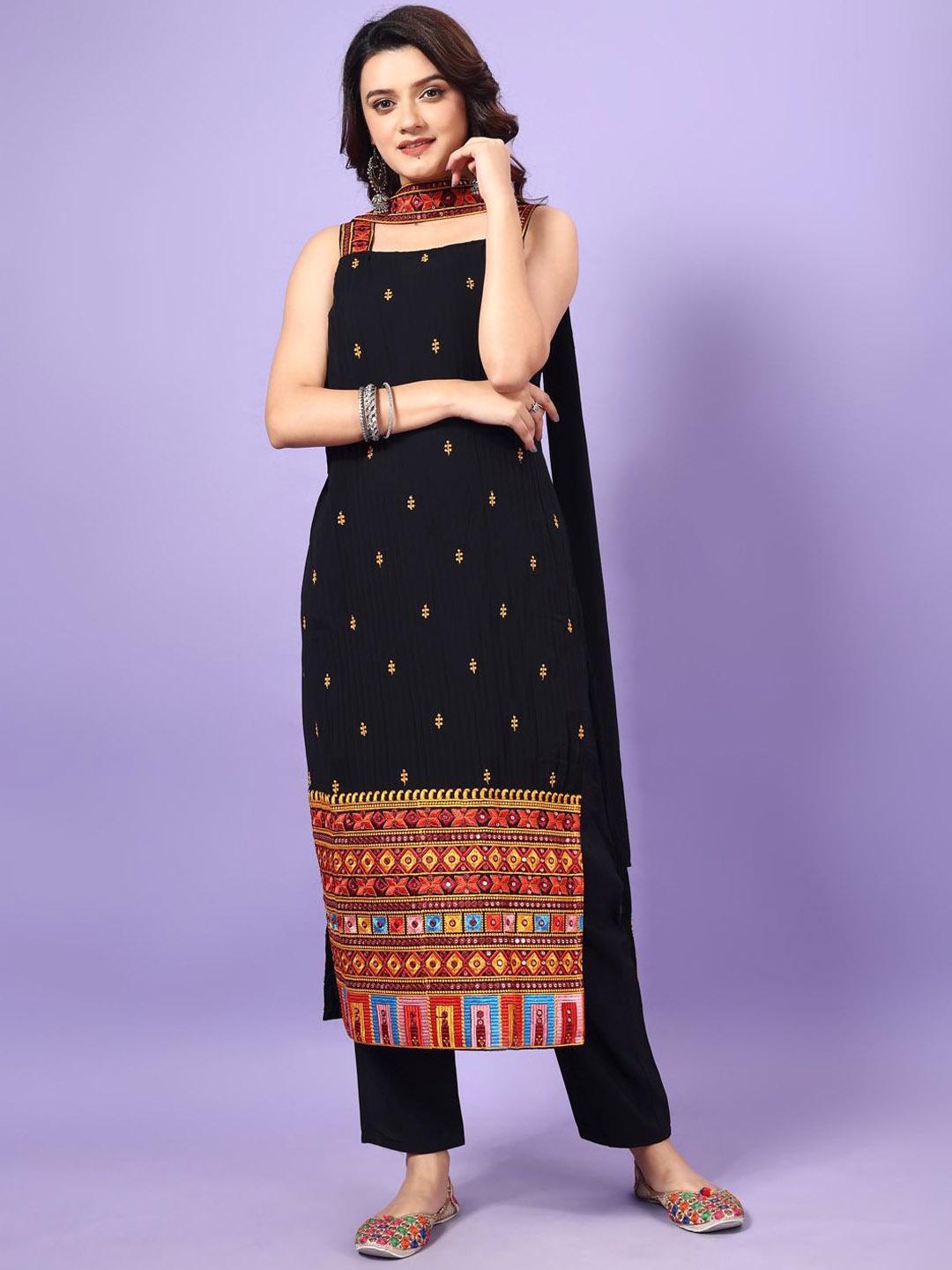 

Wedani Floral Embroidered Square Neck Georgette Straight Kurta With Trousers And Dupatta, Black