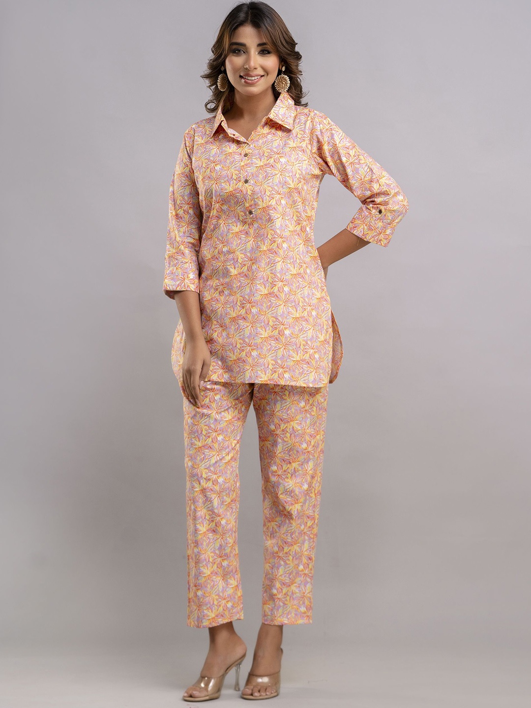 

Twirl Tales Printed Shirt Collar Pure Cotton Tunic With Trouser, Orange