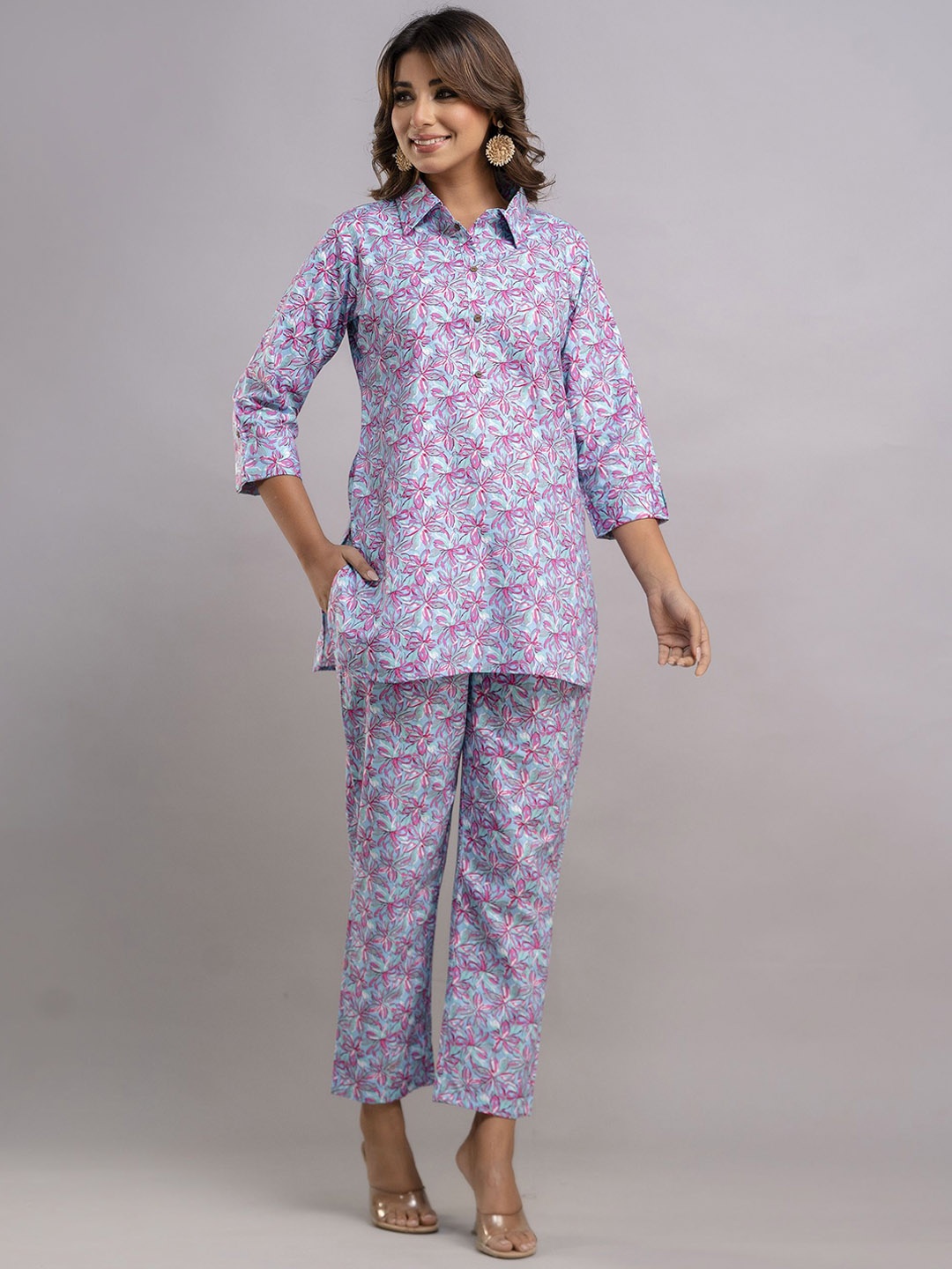 

Twirl Tales Printed Shirt Collar Pure Cotton Tunic With Trouser, Blue