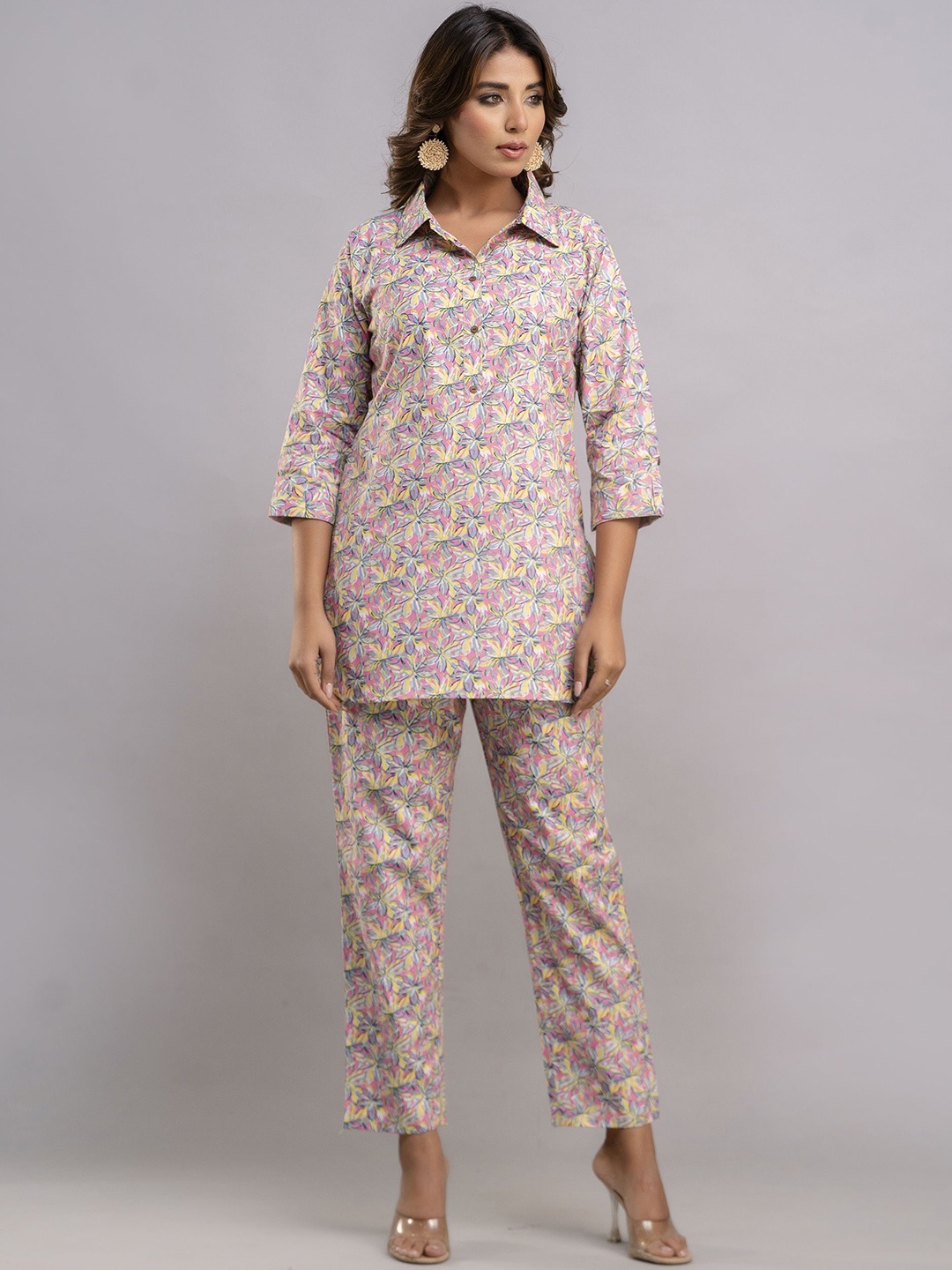 

Twirl Tales Printed Shirt Collar Pure Cotton Tunic With Trouser, Pink