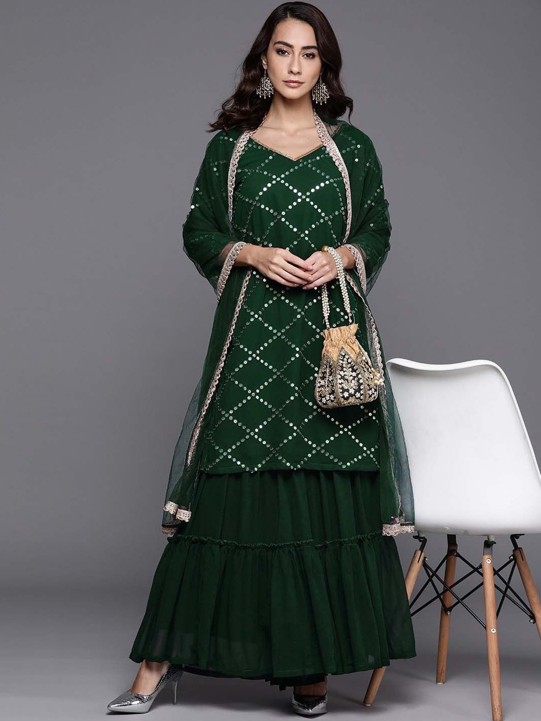 

Wedani Embroidered V-Neck Sequinned Georgette Straight Kurta With Sharara And Dupatta, Green