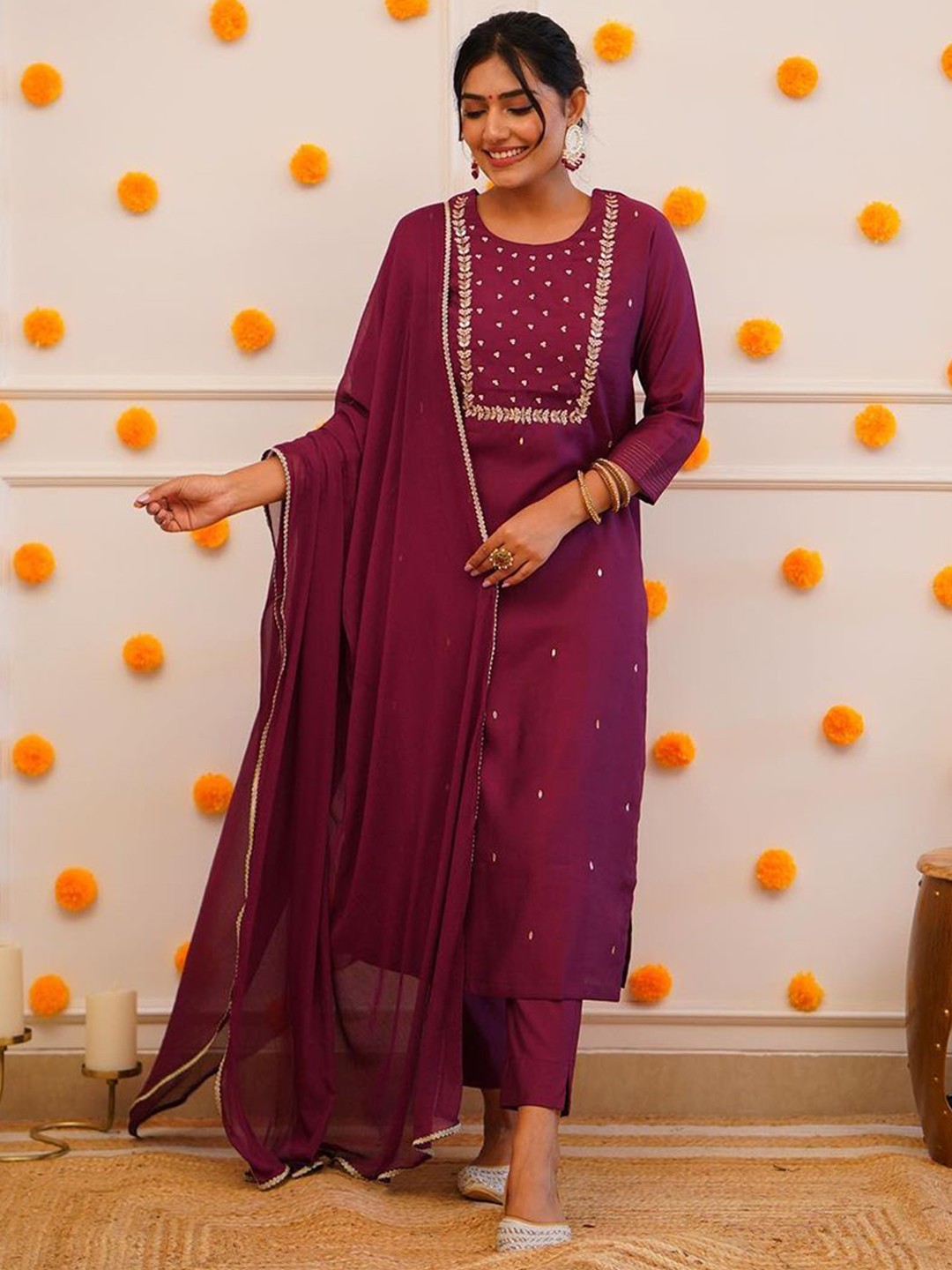 

Siya Fashion Ethnic Motifs Embroidered Beads and Stones Kurta With Trousers And Dupatta, Maroon