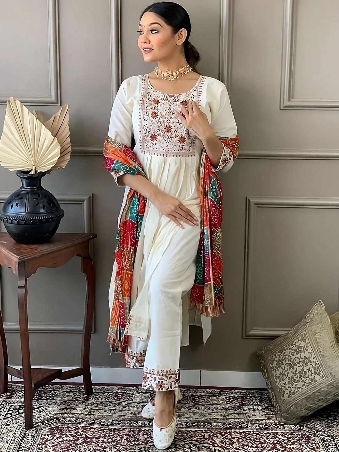 

Siya Fashion Embroidered Round Neck Straight Kurta with Trousers And Dupatta, White