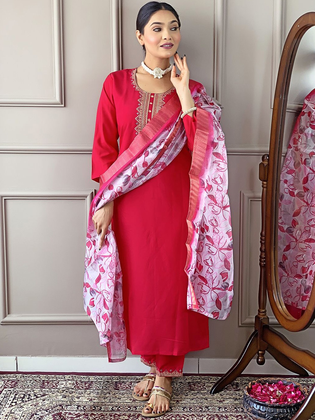 

Siya Fashion Floral Embroidered Sequinned A-Line Kurta with Trousers And Dupatta, Red