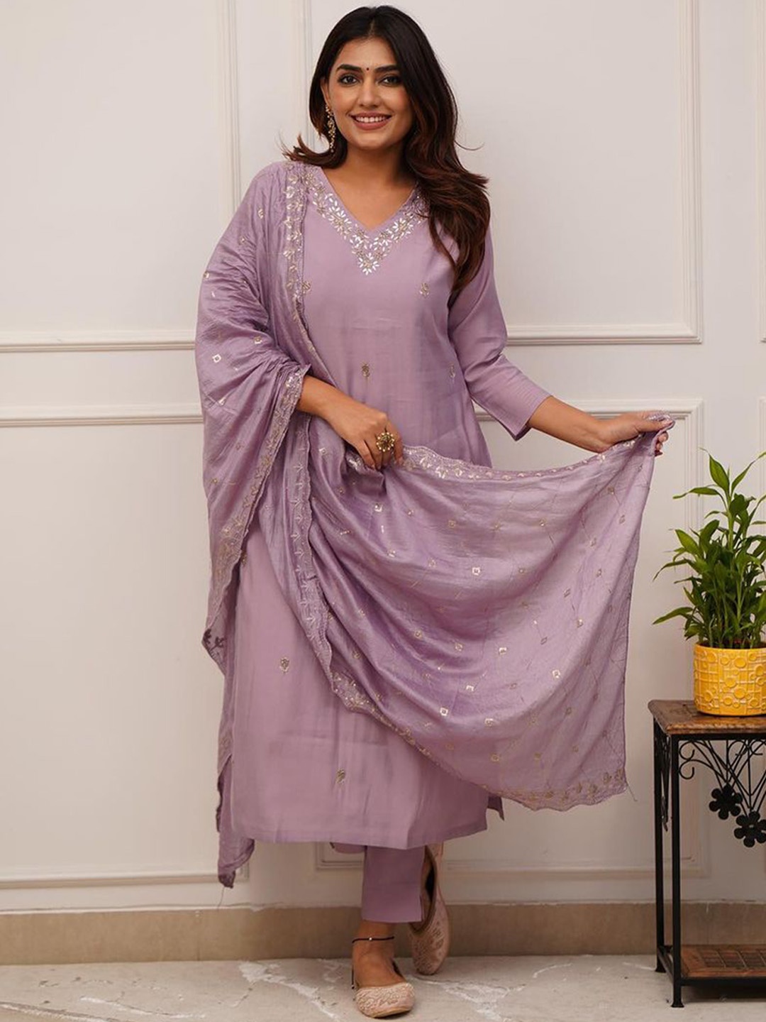 

Siya Fashion Embroiderd V-Neck Straight Kurta With Trousers And Dupatta, Lavender