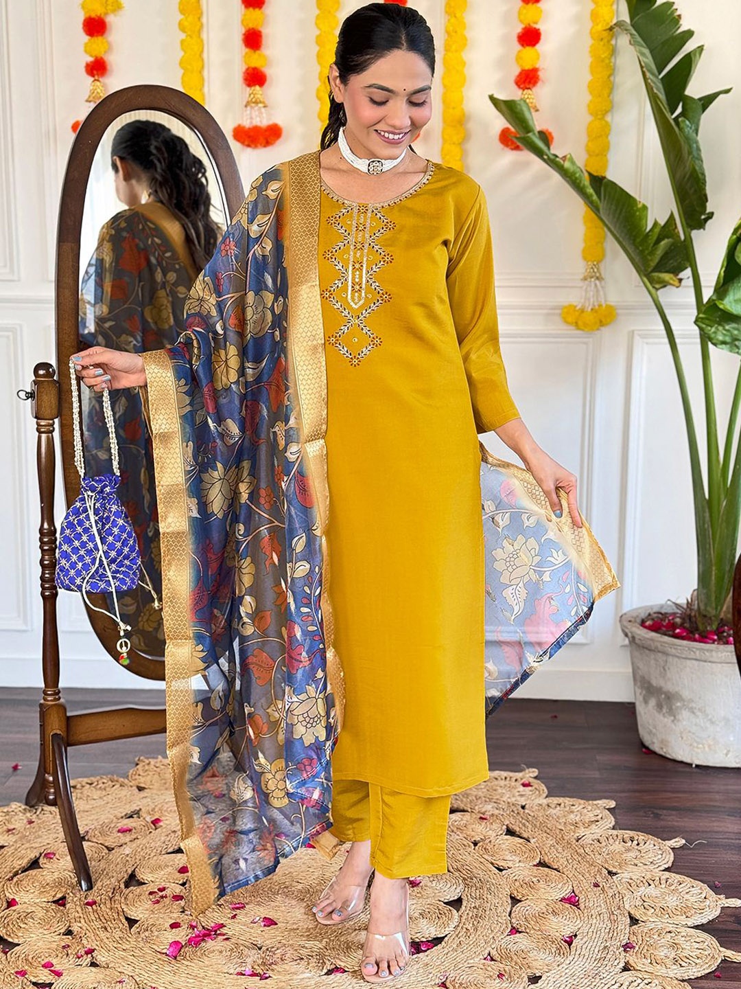 

Siya Fashion Floral Embroidered Thread Work Straight Kurta With Trousers And Dupatta, Yellow