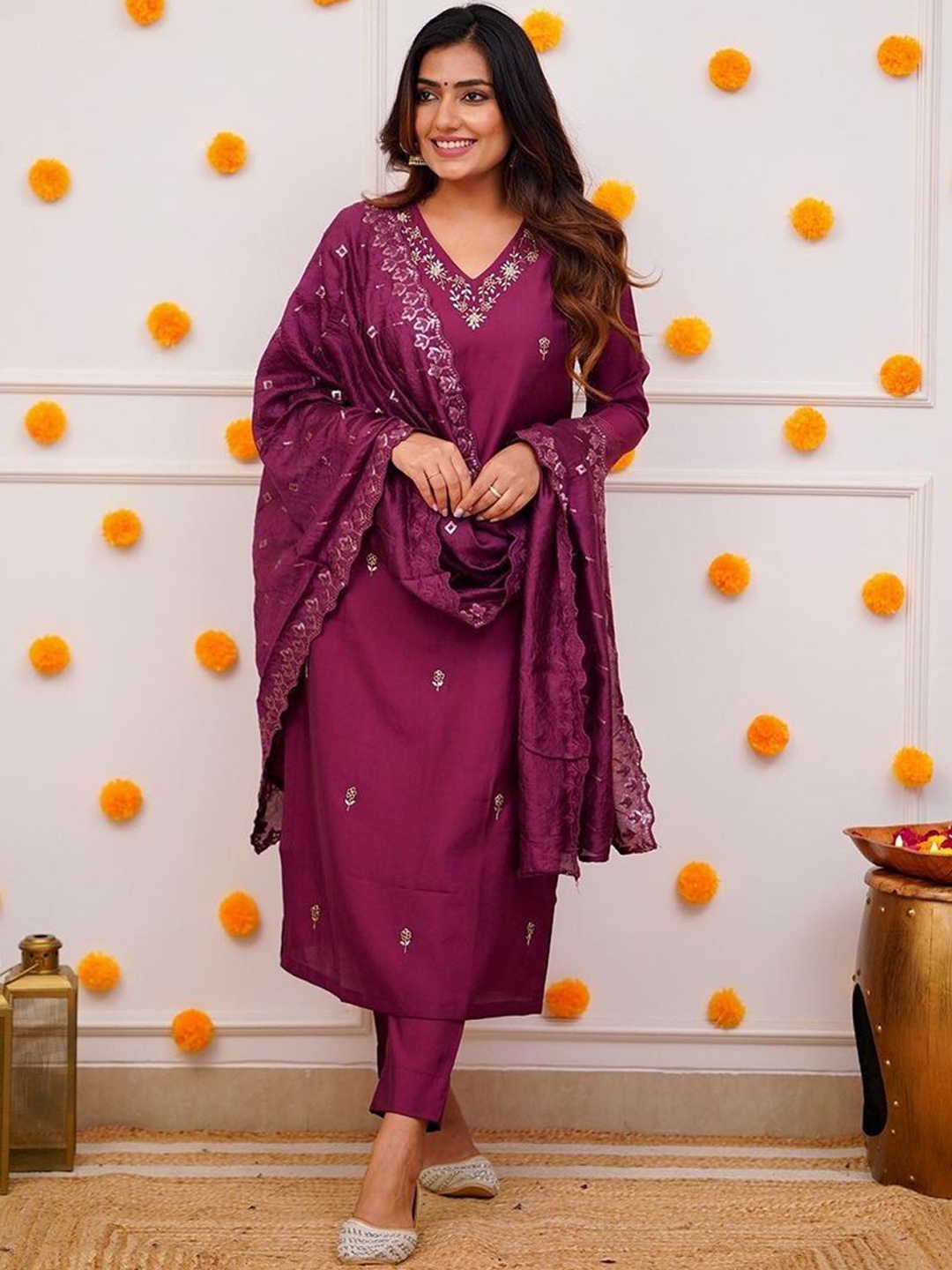 

Siya Fashion Floral Embroidered V-Neck Straight Kurta with Trousers and Dupatta, Purple