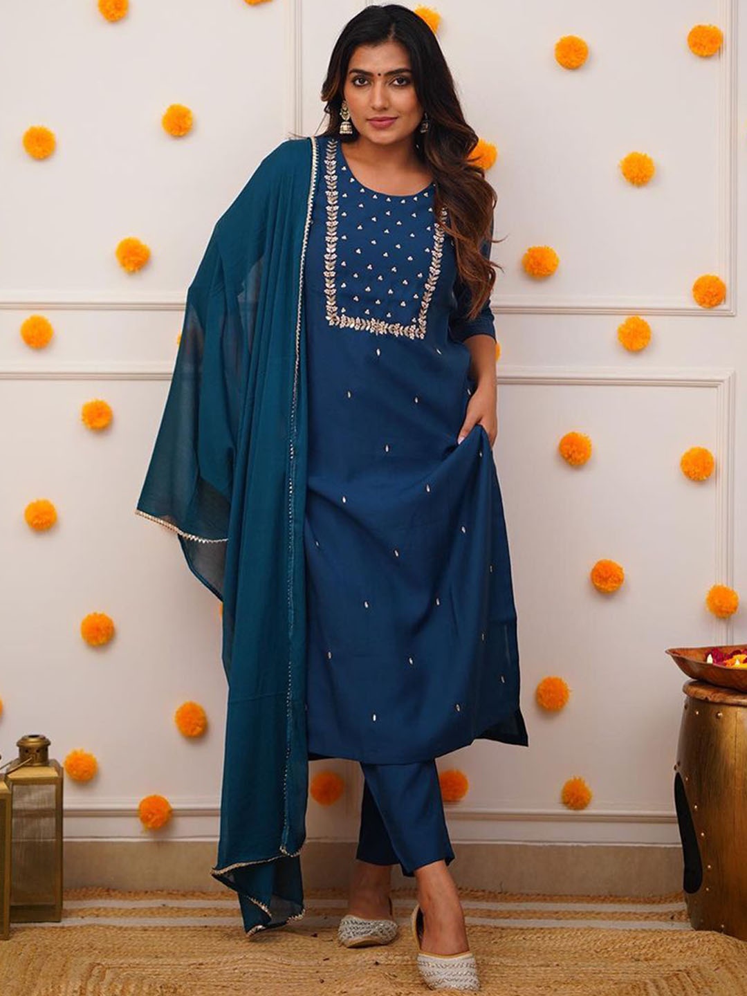 

Siya Fashion Floral Embroidered Beads and Stones A-Line Kurta With Trousers And Dupatta, Blue