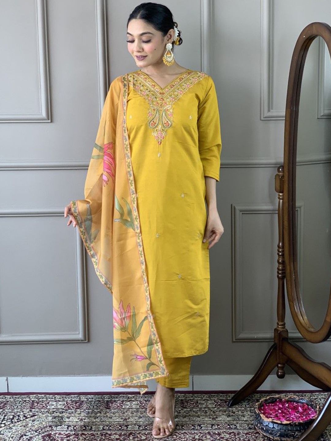 

Siya Fashion Yoke Design Thread Work V-Neck Straight Kurta With Trousers And Dupatta, Yellow
