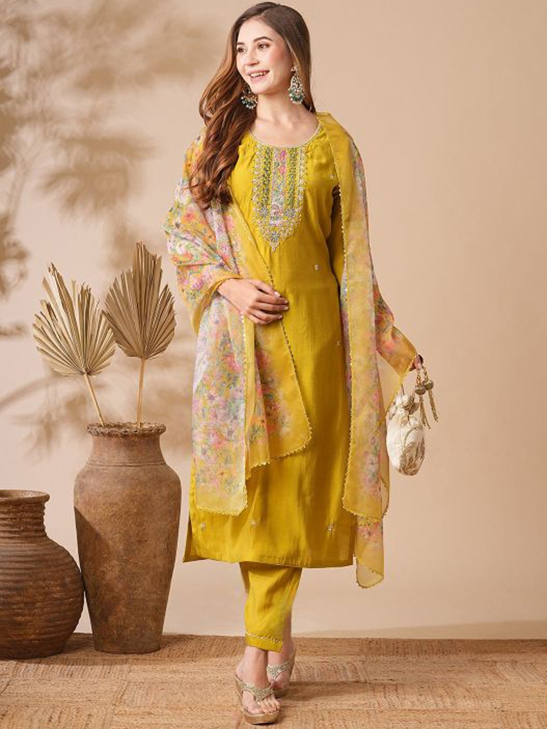 

Siya Fashion Floral Thread Work Straight Kurta with Trousers And Dupatta, Yellow